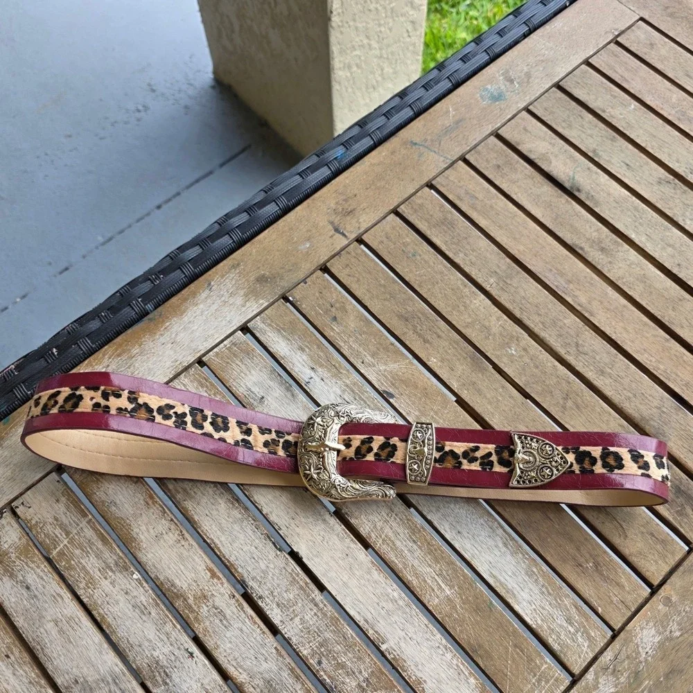 Western Burgundy Leopard Print Calf Hair Belt Gold Engraved Longhorn Buckle Wide